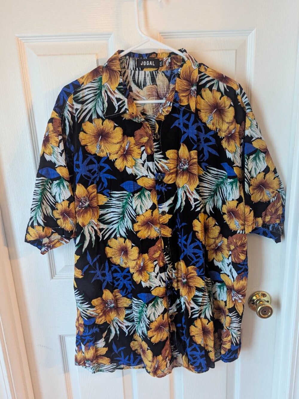 Jogal blue yellow black and white Hawaiian style shirt - XXL
